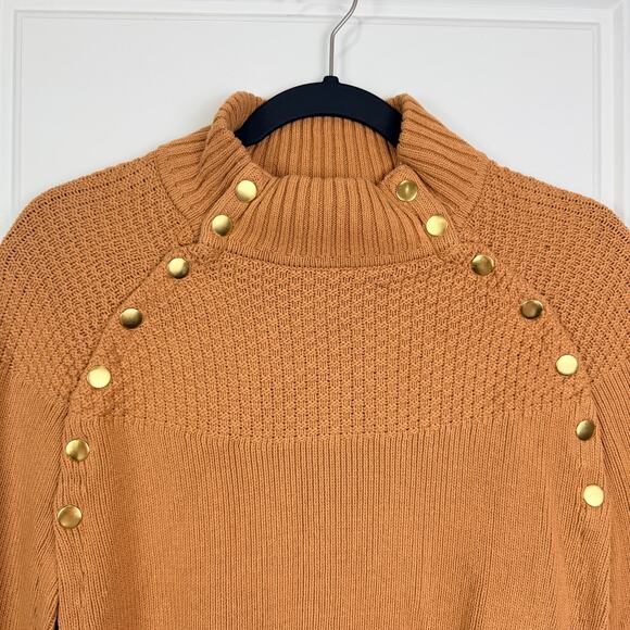 EUC G.I.L.I. Tan Mock Neck Knit Sweater Cape Poncho Gold Button Detail M/L - Picture 3 of 10